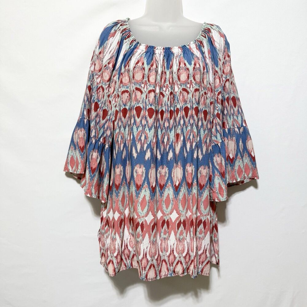 Ali Miles Top Sz XL Top 3/4 Bell Sleeve Blue Pink Boho Pullover Artsy Boho
